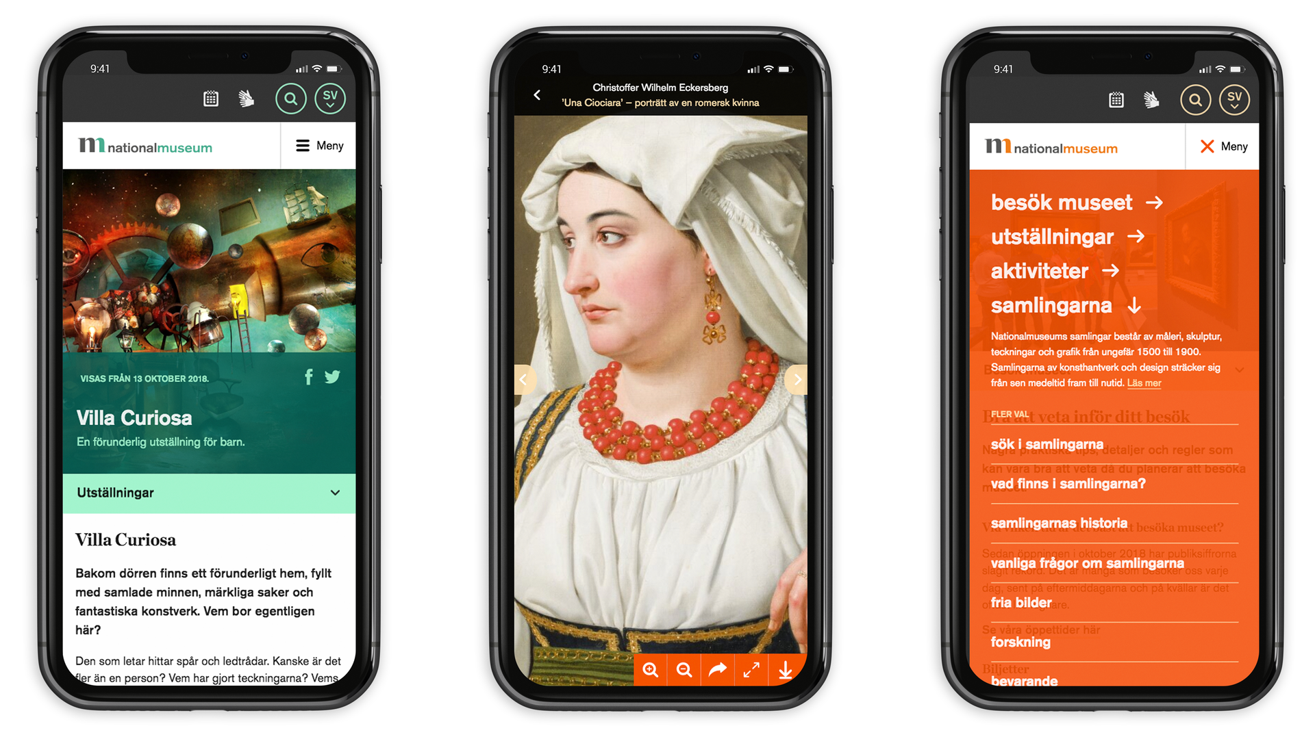 Tre mobiltelefoner som visar vyer från nationalmuseum.se